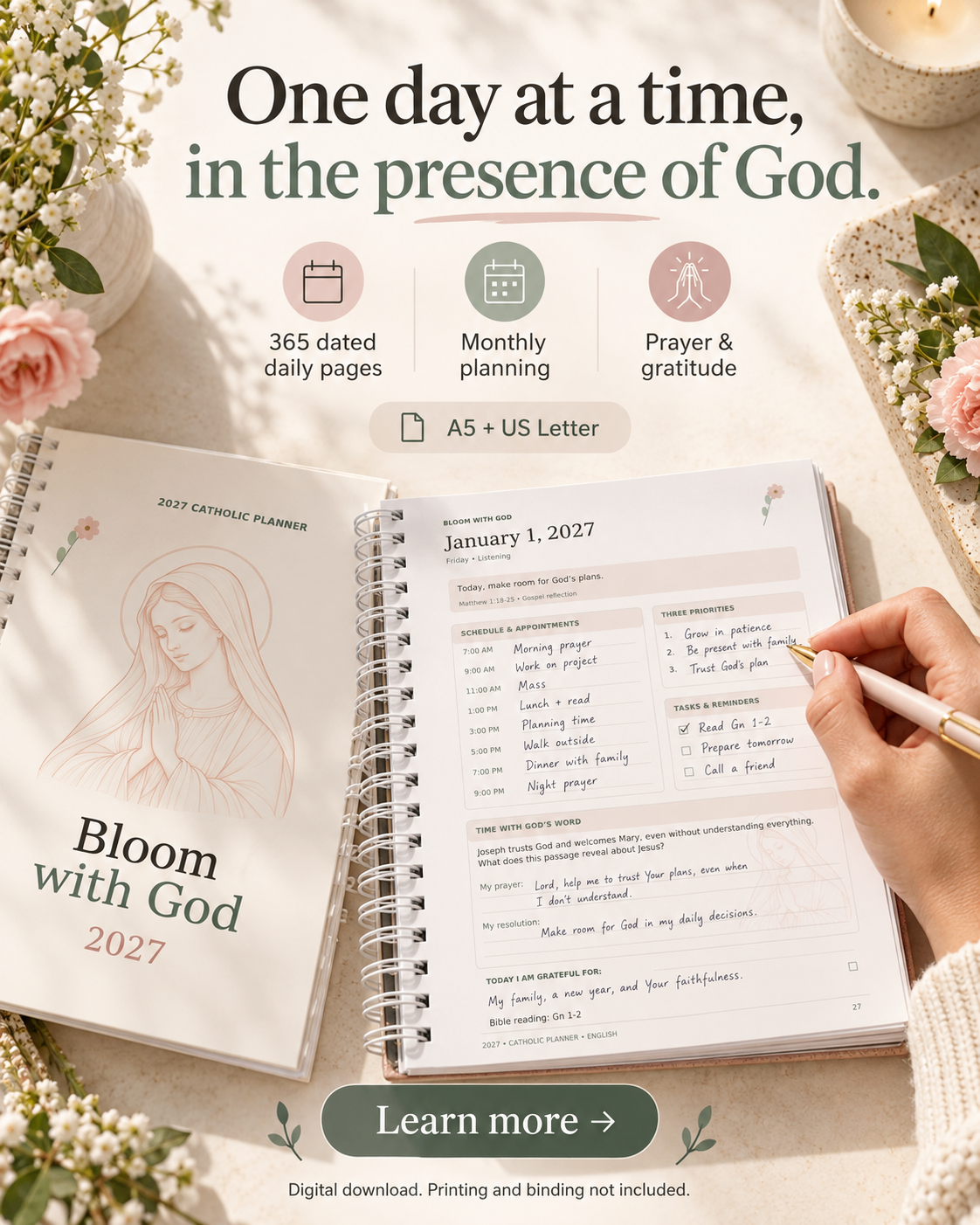 Open Bloom with God 2027 daily planner page with a hand writing plans and prayers